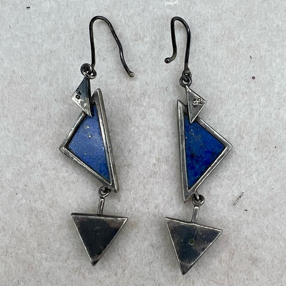 Vintage Native American LAPIS & Silver Dangle Earrings, Signed CY, 6.2g - Picture 2 of 7